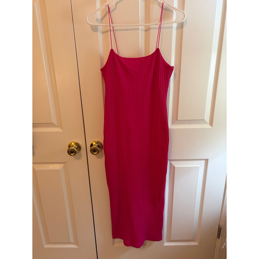 Zara Womens Hot Pink Ribbed Knit Spaghetti Strap Midi Bodycon Dress Large